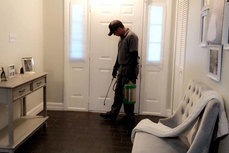 man spraying pest control solution at front door